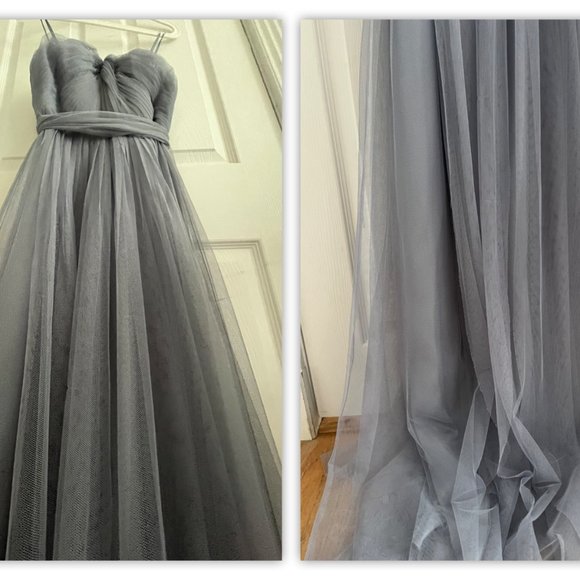 ADRIANNA PAPELL Bridesmaid Convertible Tulle Ball Gown Slate Blue - Picture 7 of 16